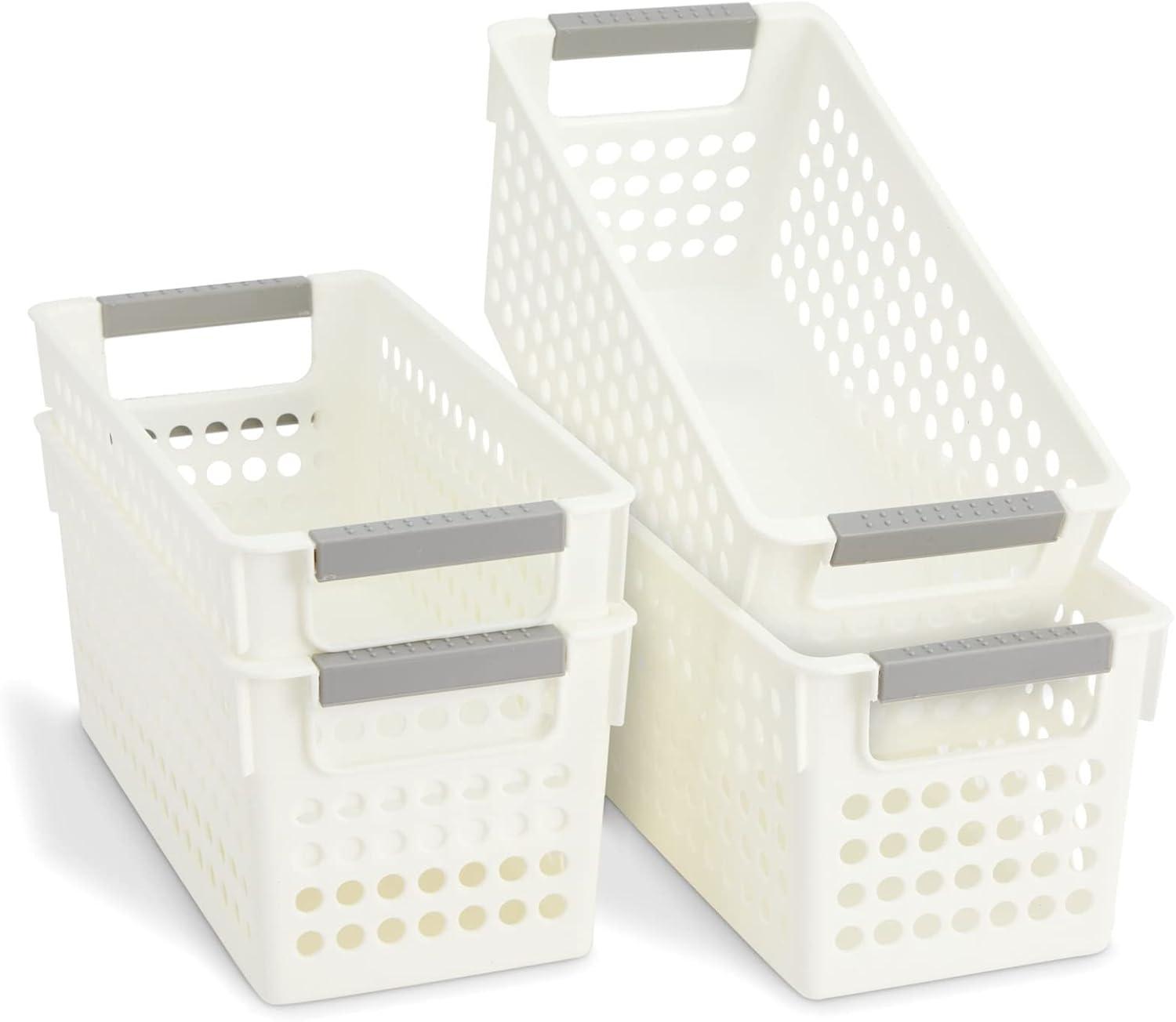 Set of 4 White Plastic Storage Baskets with Gray Handles