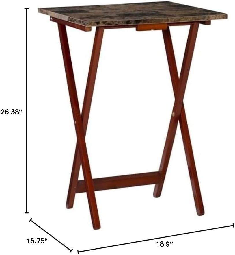 Brown Faux Marble and Rubberwood Folding Tray Table Set