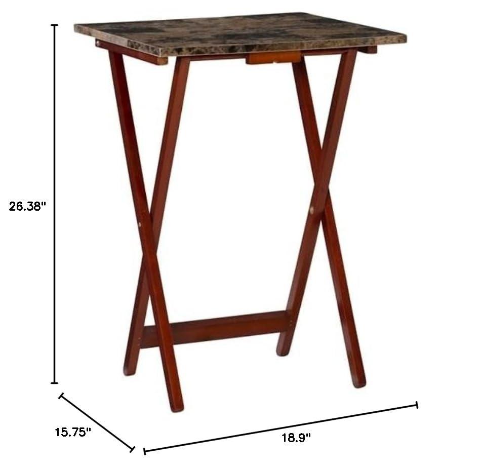 Brown Faux Marble and Rubberwood Folding Tray Table Set