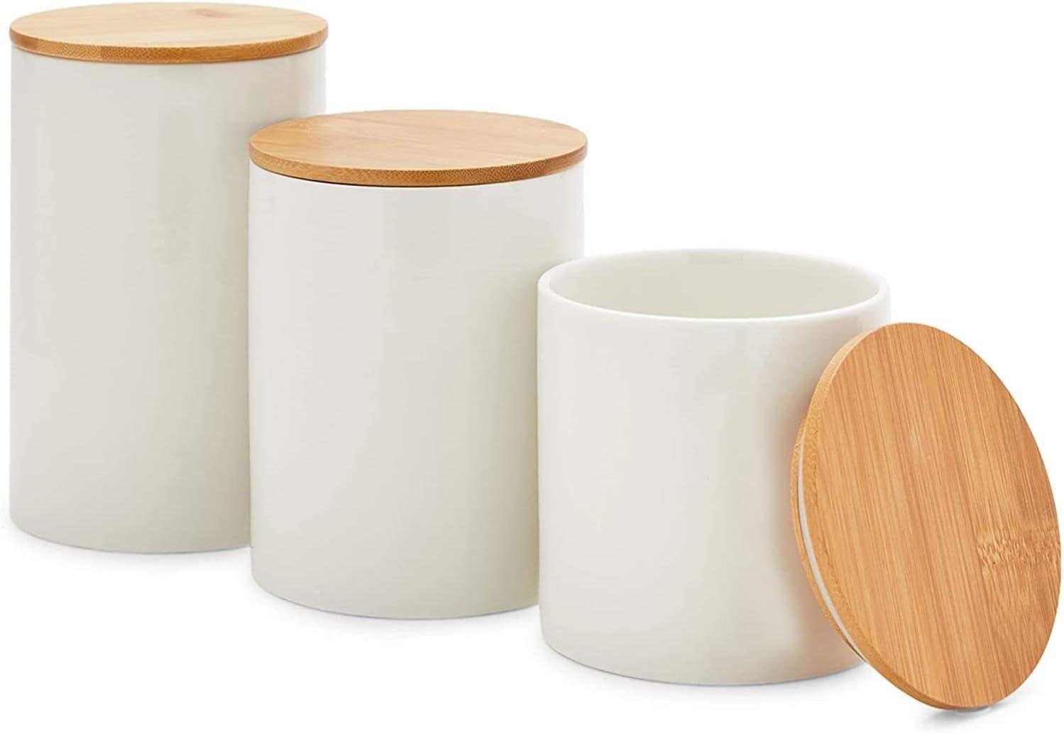 Set of 3 White Ceramic Canisters with Bamboo Lids