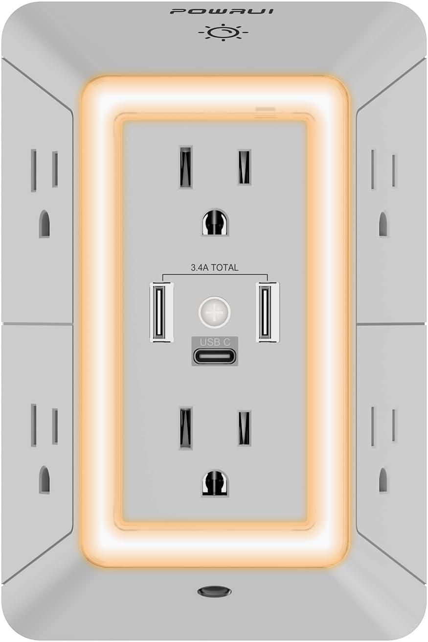 POWRUI Power Strip Surge Protector - 6 AC Outlets With 3 USB Ports (1 USB C), Night Light, 3-Sided Multi Plug Wall Extender With Spaced Outlets - Grey, ETL Listed