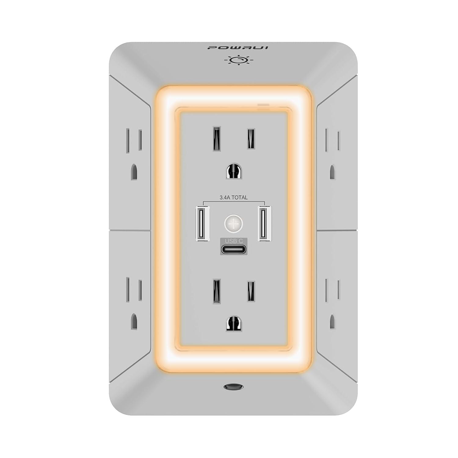 POWRUI Power Strip Surge Protector - 6 AC Outlets With 3 USB Ports (1 USB C), Night Light, 3-Sided Multi Plug Wall Extender With Spaced Outlets - Grey, ETL Listed