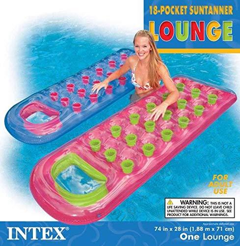 Intex Suntanner 18 Pocket Single Person Inflatable Swimming Pool Beach Lounge Floating Raft with Pillow and Cupholders, Color May Vary