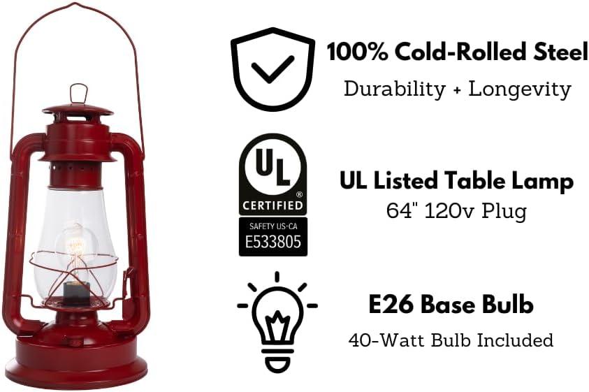 Lámpara de Mesa con Linterna Eléctrica para Dormitorios para Darle un Aspecto de Granja Perfecto de 16 Pulgadas de Alto con Vidrio de Huracán Grande y Atenuador de Cable en Línea y Acabado Rojo Rústico Vintage Estilo Edison