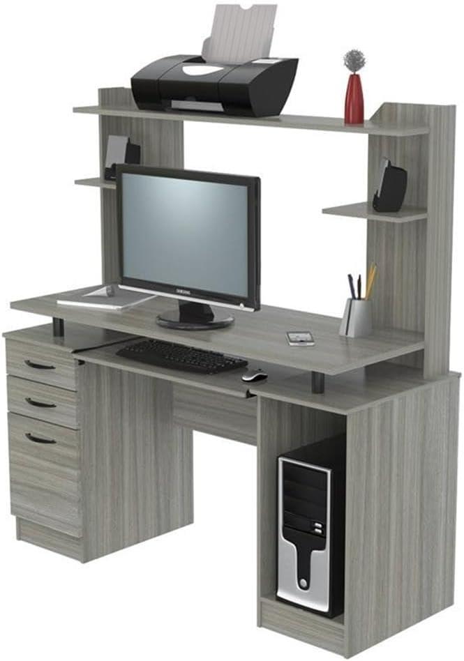 Computer Workcentre With Hutch Smoke Oak - Inval: Modern Laminate Writing Desk, MDF Frame, Open Shelf Storage