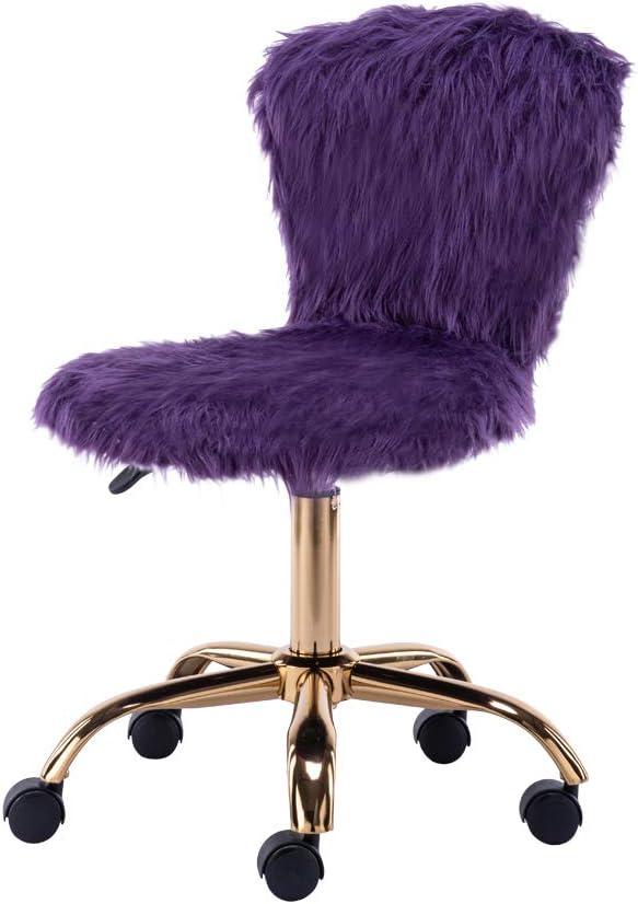 Purple Faux Fur Mid-Back Swivel Vanity Chair with Gold Legs