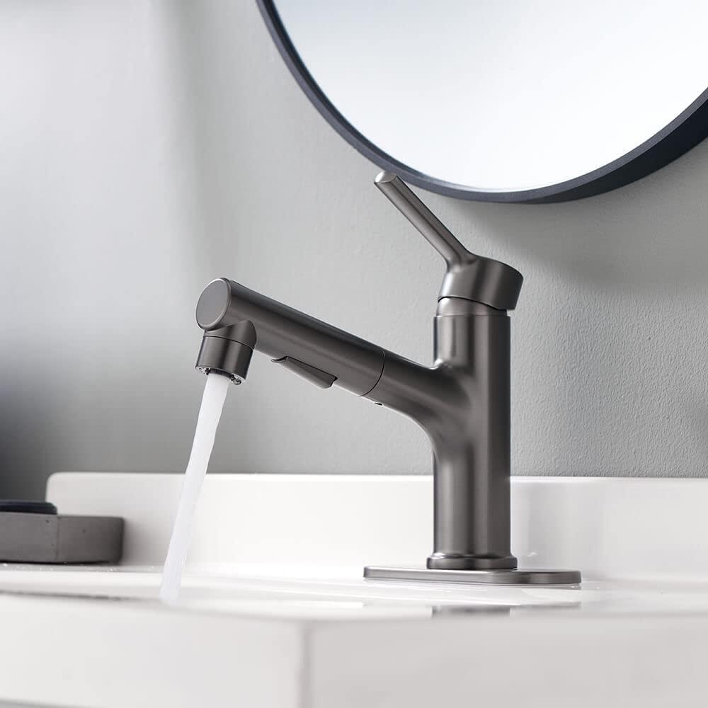 Bathroom Sink Faucet with Pull Out Sprayer Single Hole one Handle Basin Mixer Tap Pull Down Vessel Waterfall Rotating Spout Widespread Drain Assembly (Gun Grey, Regular)