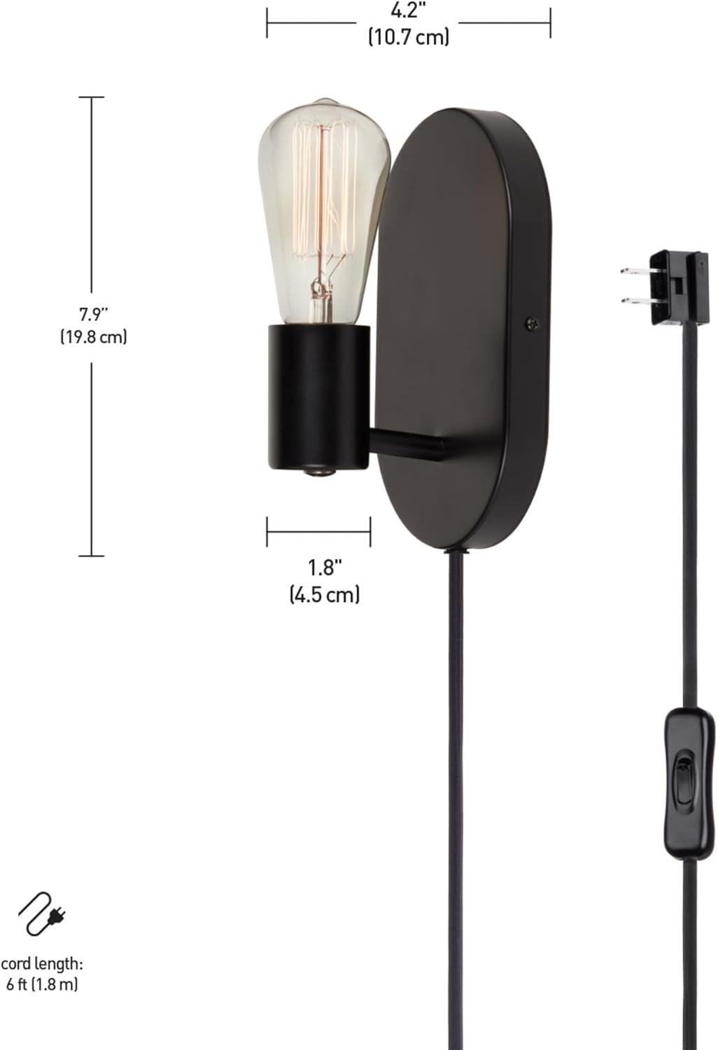 Linus 1-Light Matte Black Plug-In or Hardwire Wall Sconce - Novogratz x Globe: ETL Listed, Metal Body, No Shade