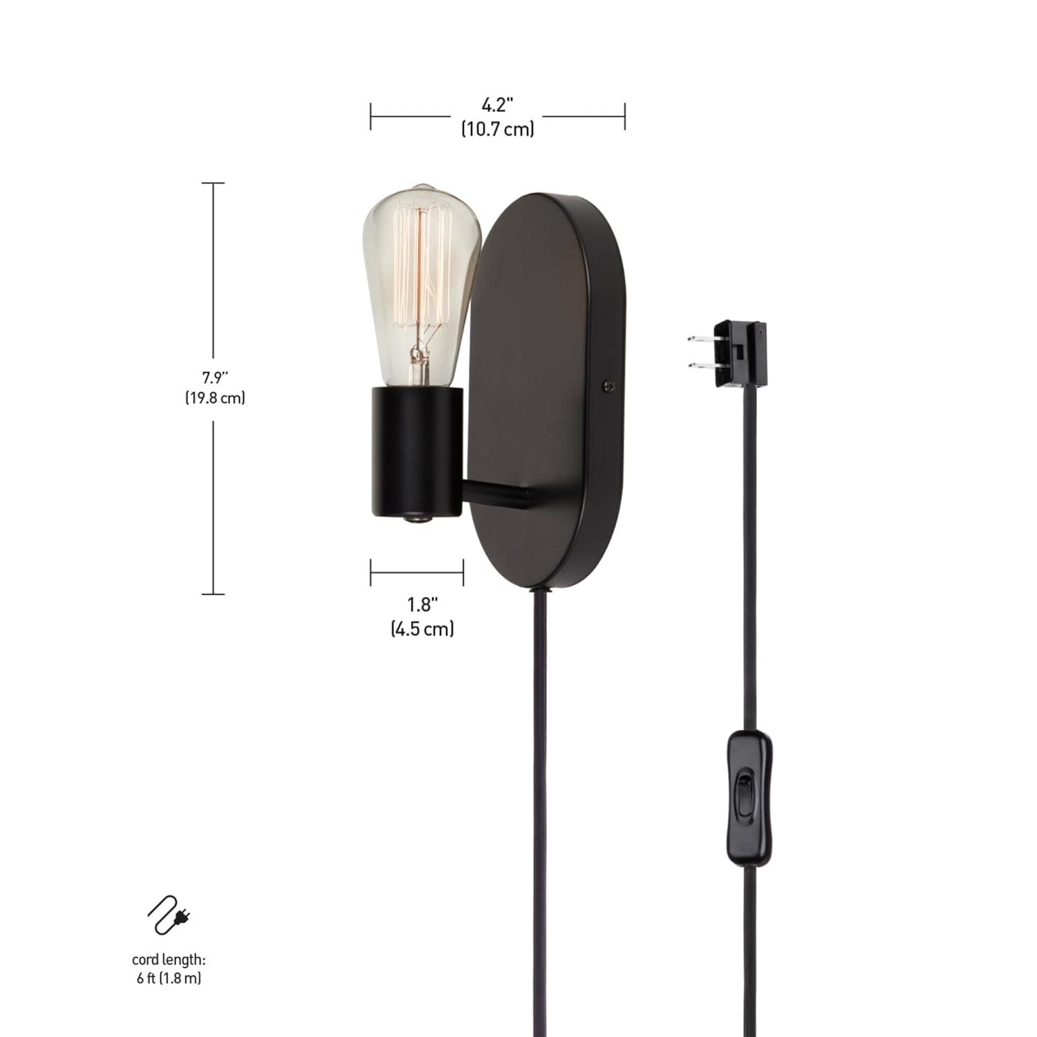 Linus 1-Light Matte Black Plug-In or Hardwire Wall Sconce - Novogratz x Globe: ETL Listed, Metal Body, No Shade