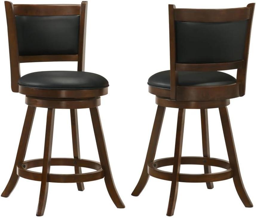 Chestnut and Black Swivel Wood Counter Stools with Faux Leather