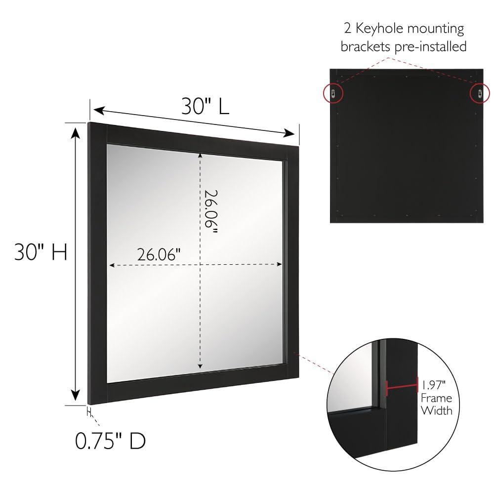 Shorewood Square Bathroom Mirror, 30" H x 30" L, Soft Matte Black, Solid Wood Framed, Decorative Vanity or Entryway Accent – Design House, 589655