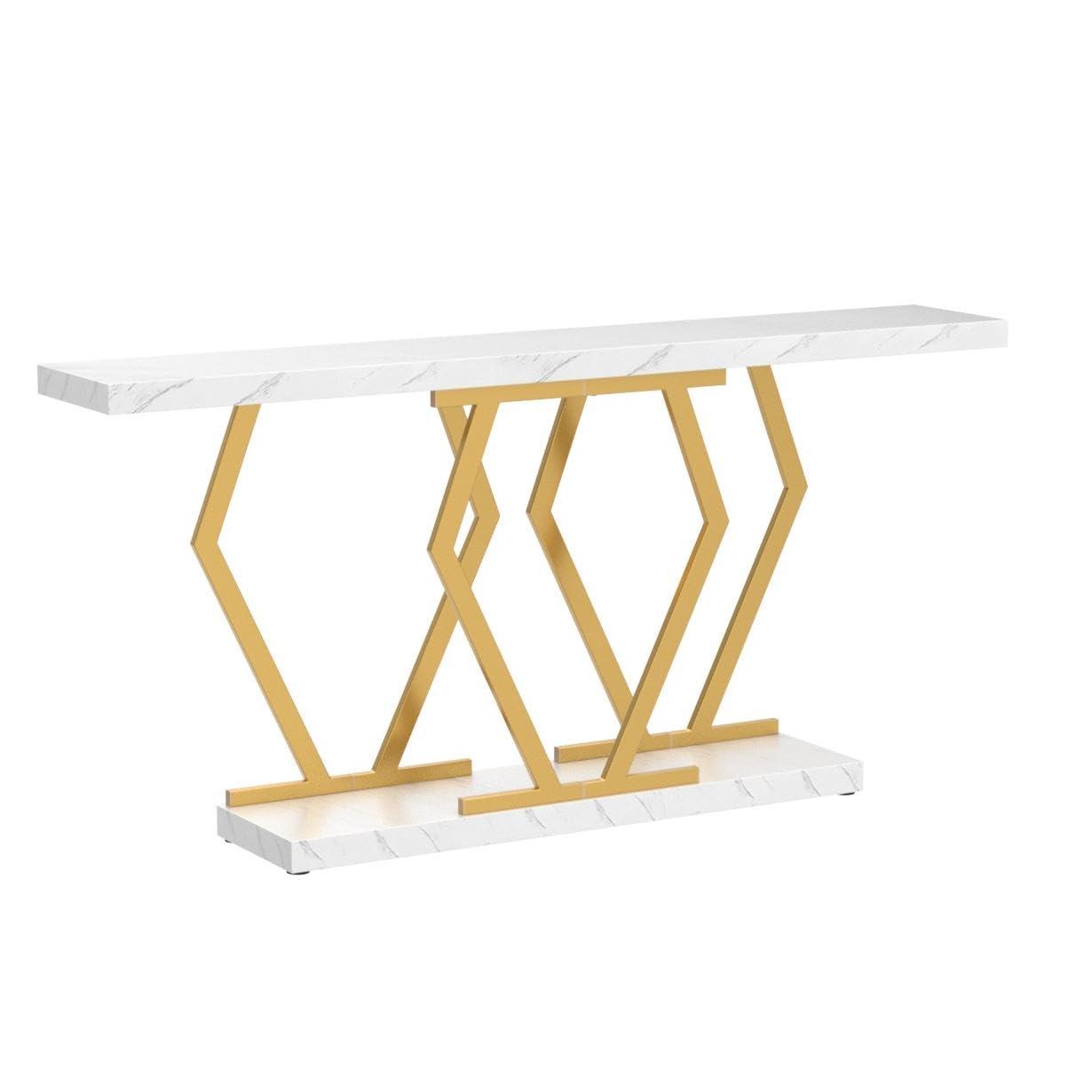 Tribesigns 70.9 Inch Extra Long Sofa Table, Modern Console Table with Faux Marble Tabletop, Long Entryway Table for Entrance, Gold and White