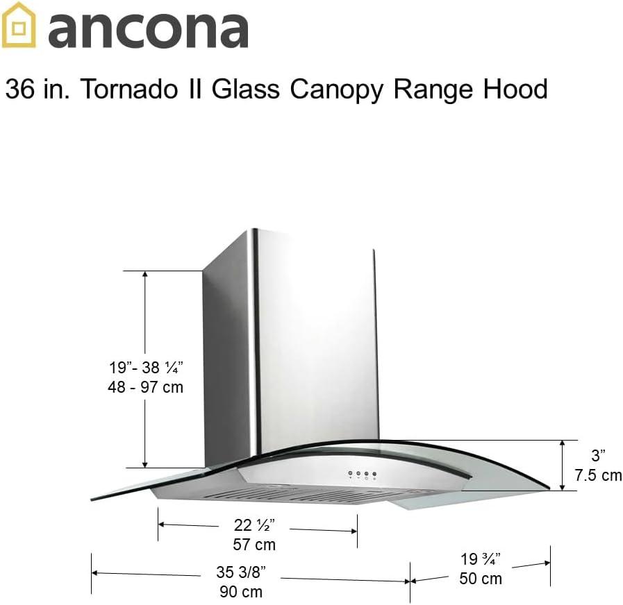 Ancona AN0111-3604 Tornado II 36" 600 CFM Ducted Wall Mount Glass Canopy Range Hood in Stainless Steel
