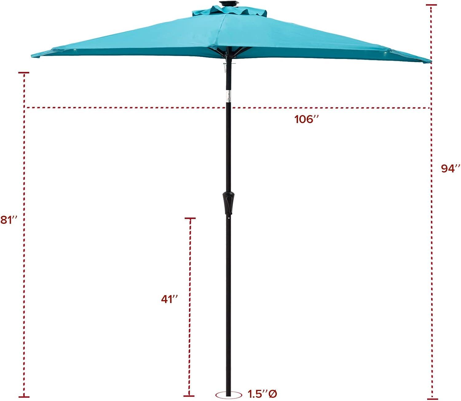 FLAME&SHADE 9 ft Half Round Solar Powered Outdoor Market Patio Table Umbrella for Wall Balcony with LED Lights and Tilt, Aqua Blue