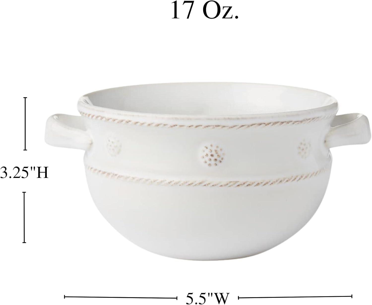 White Embossed Ceramic Handled Soup Bowl