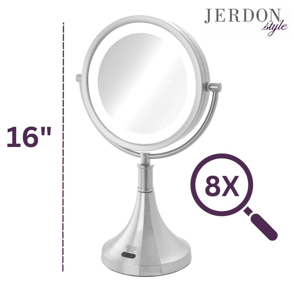 Sharper Image Lighted Sensor Tabletop Makeup Mirror - Two-Sided Makeup Mirror with 8X Magnification & Swivel Design - Portable 8.5-Inch Diameter Mirror in Nickel Finish - Model JRT8500NL