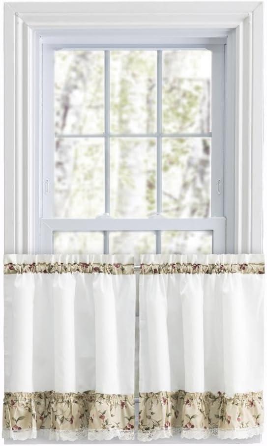 Ivory Lace Detail Sheer Cotton Polyester Rod Pocket Tier Curtain