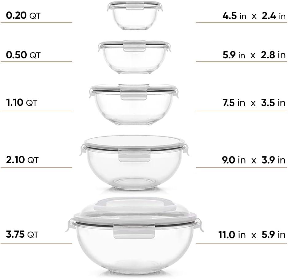 Clear Glass Nesting Mixing Bowls with Airtight Lids, Set of 5