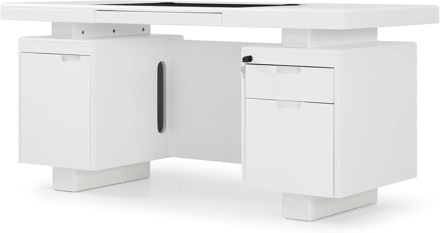 White Lacquer Modern Desk with Black Faux Leather Pad and Storage