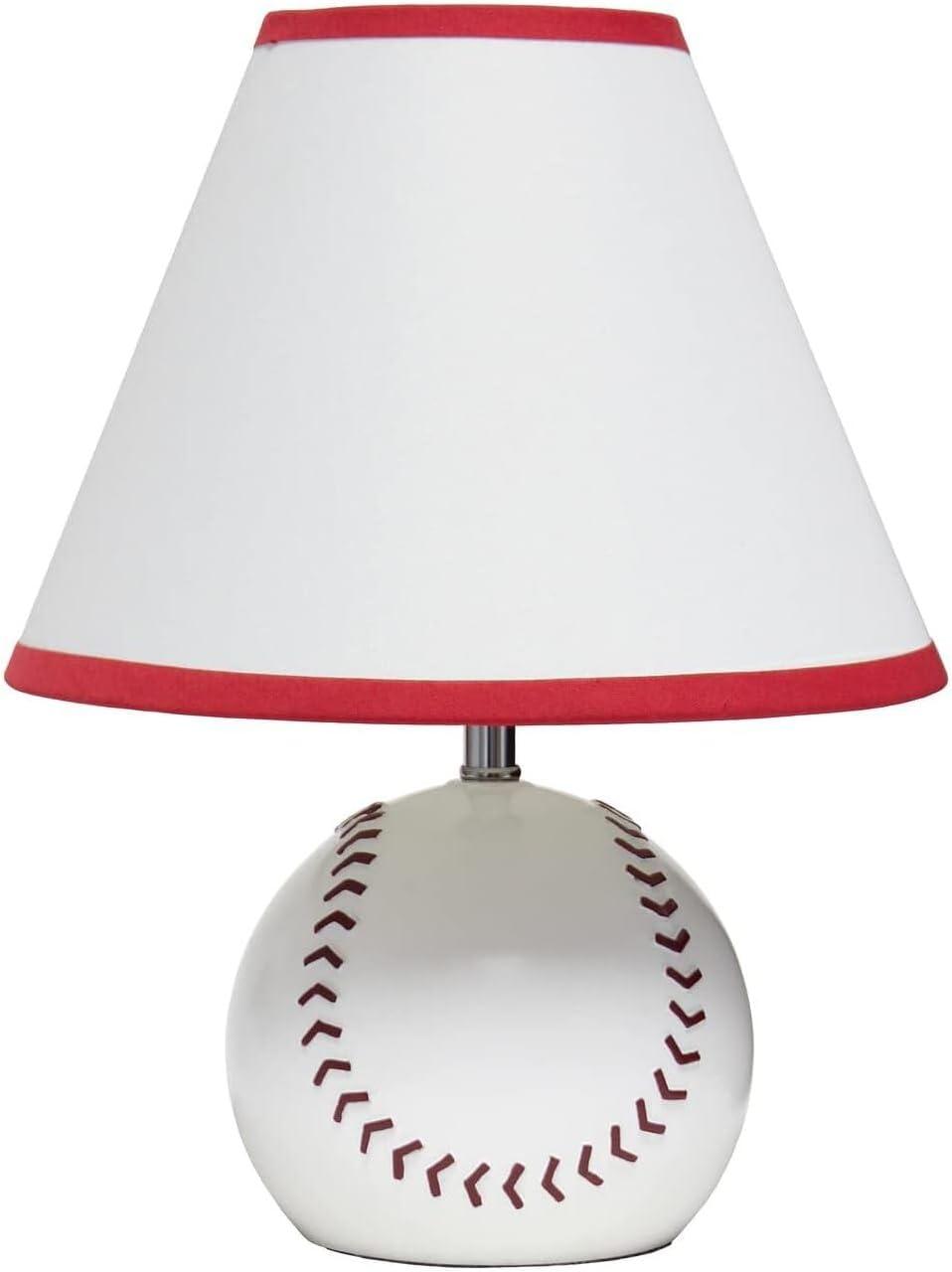 White Ceramic Baseball Table Lamp with Red Trim