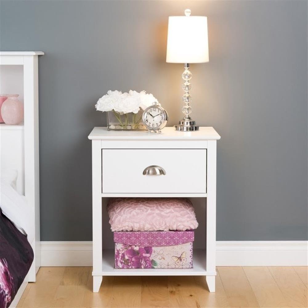 Yaletown Nightstand - White - Prepac: 1-Drawer, Open Cubby, Tapered Wood Legs, 28" Height