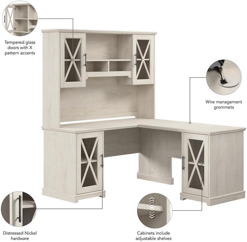 Bush Lennox Engineered Wood L-Shaped Desk with Hutch in Linen White Oak