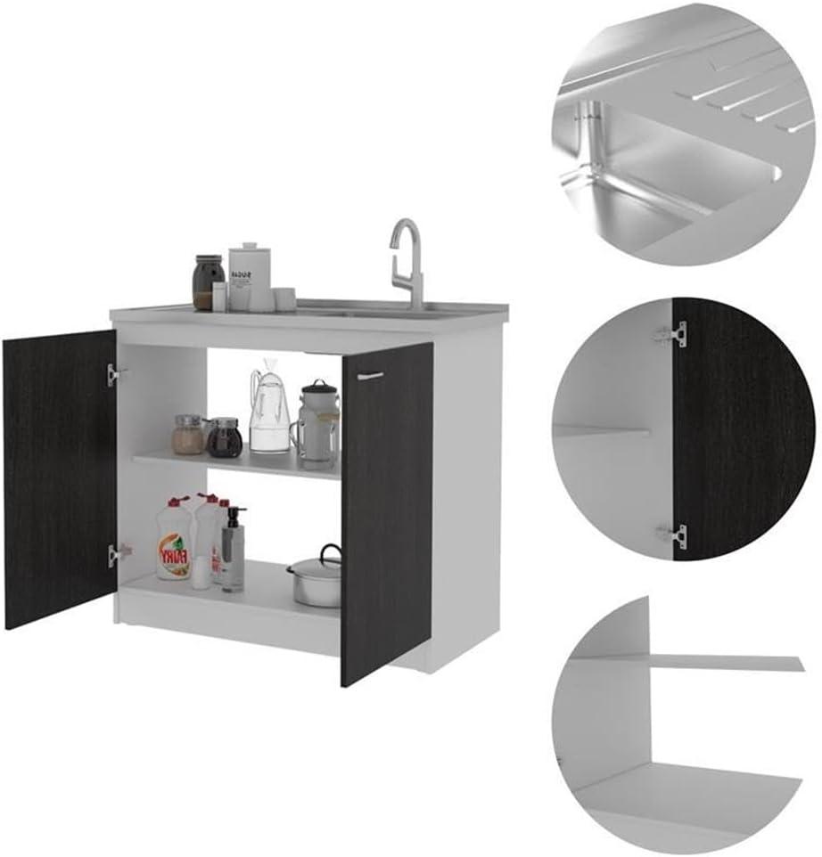 Napoles Utility Sink Cabinet With Integrated Steel Sink, Dark Walnut Frame