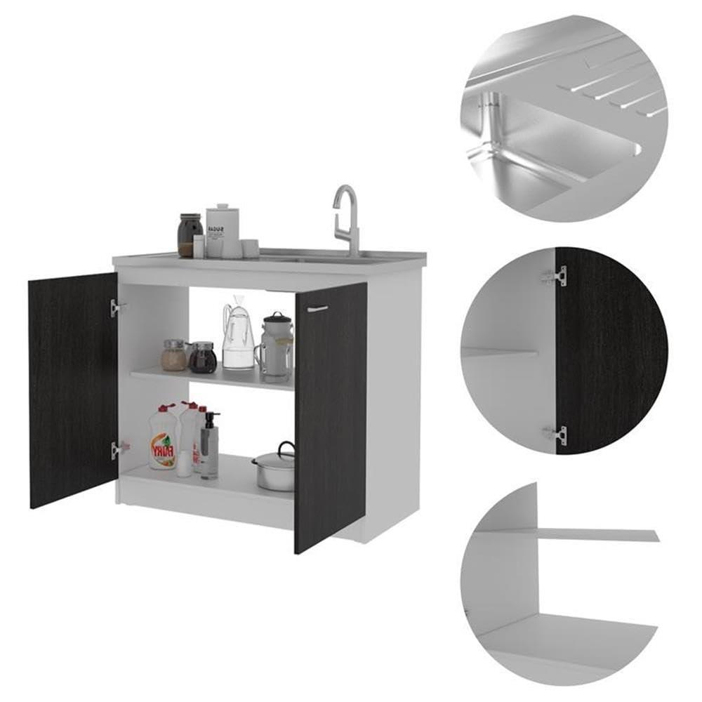 Napoles Utility Sink Cabinet With Integrated Steel Sink, Dark Walnut Frame