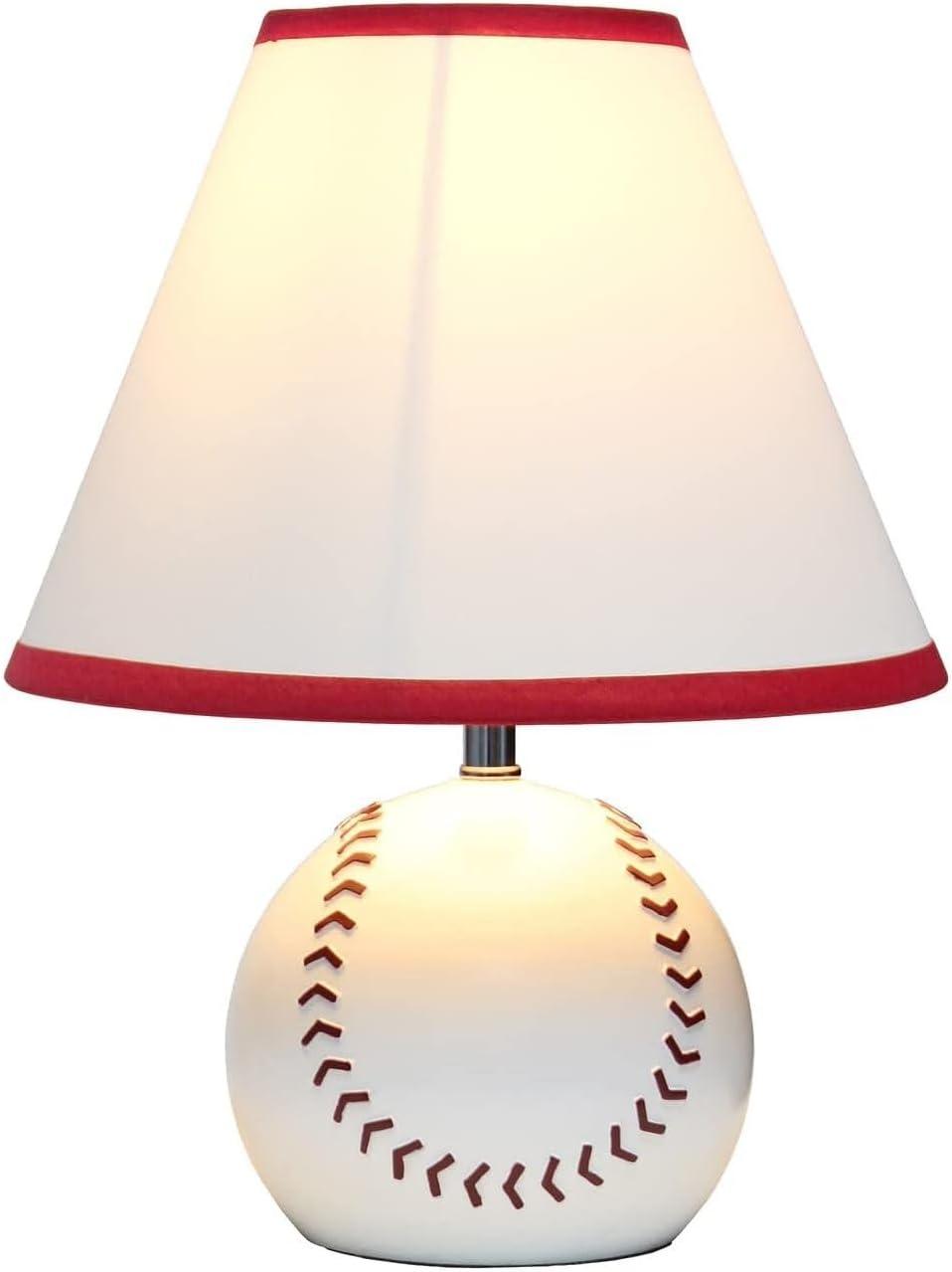White Ceramic Baseball Table Lamp with Red Trim