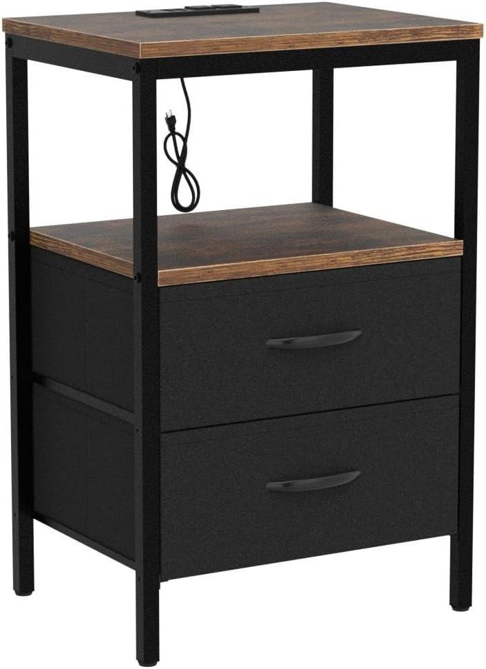 Rustic Brown and Black 2-Drawer Nightstands with Charging Station