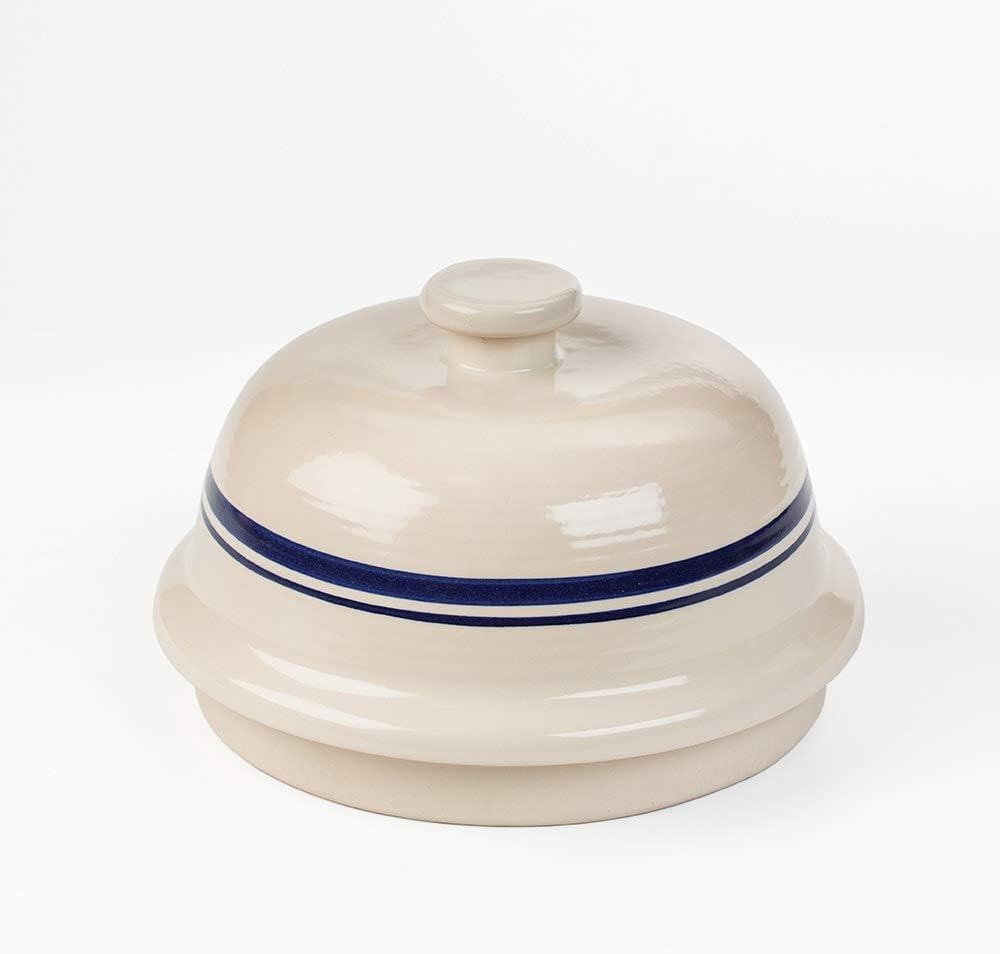 Beige and Blue Stoneware Dome Bread Baking Pan with Lid