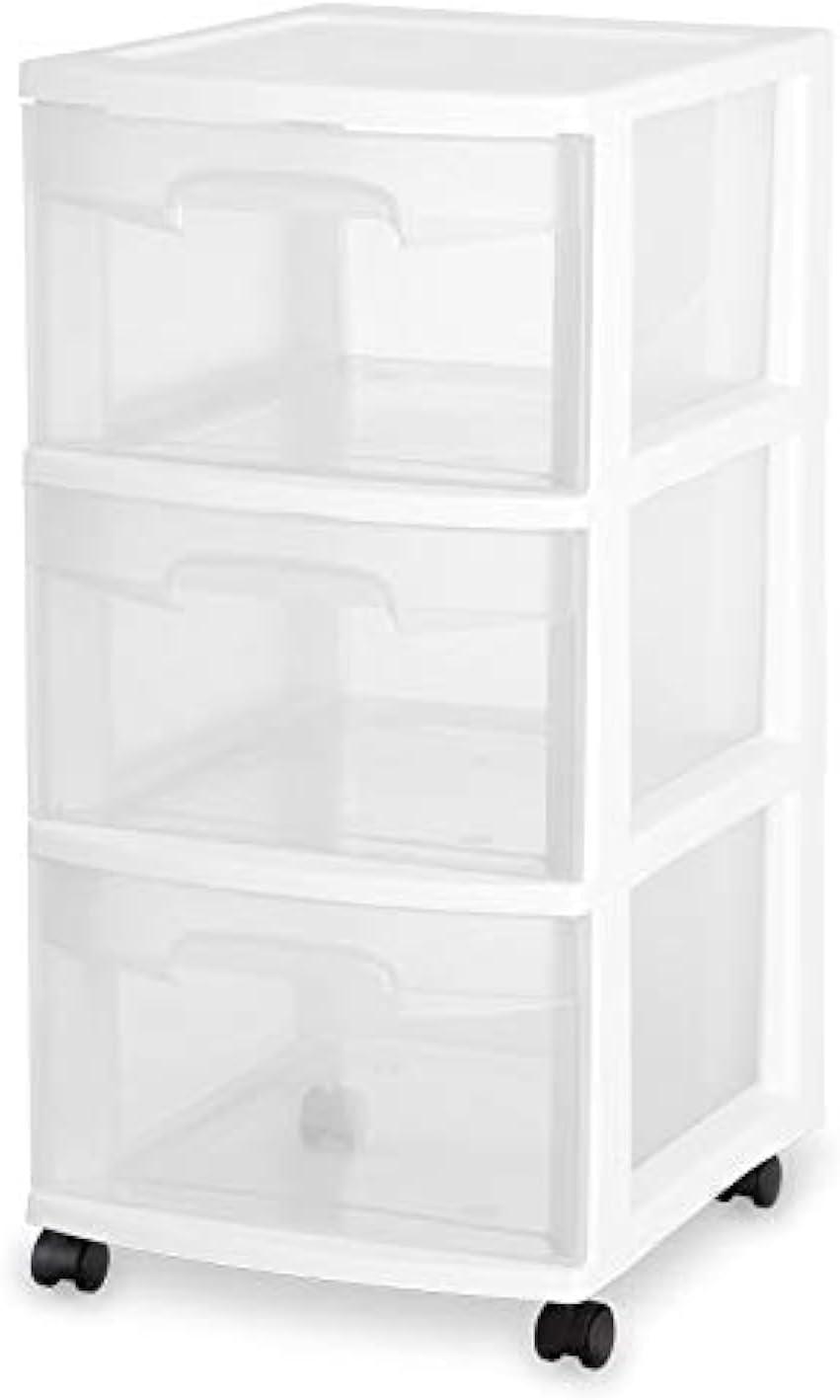 White 3-Drawer Rolling Storage Cart with Clear Drawers