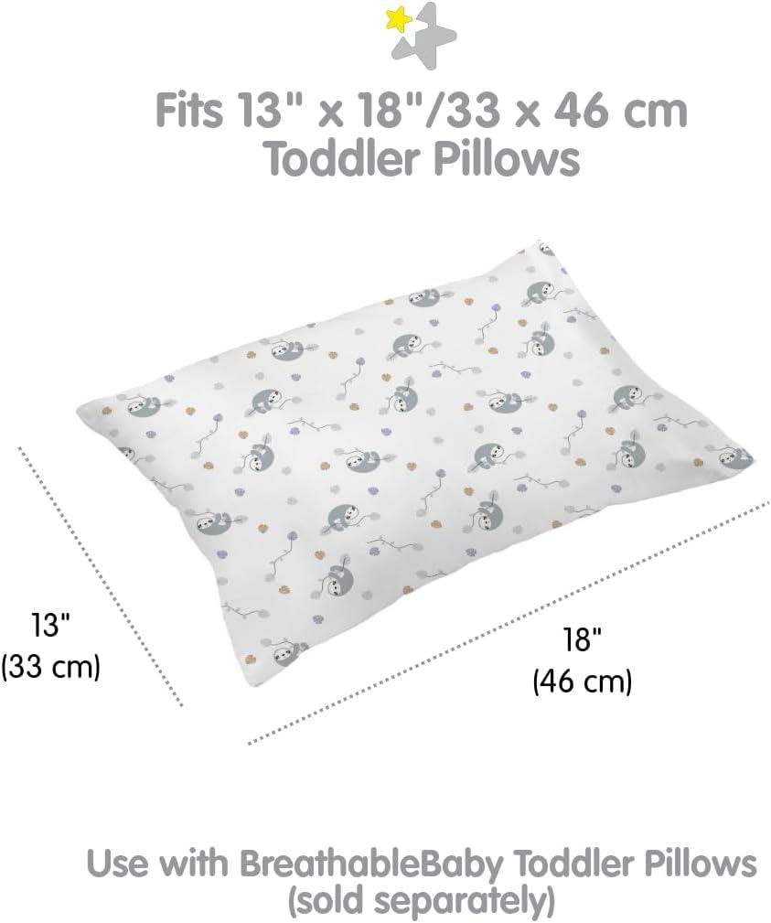 BreathableBaby Cotton Percale Pillowcase, For 13" x 18"/33 x 46 cm Toddler Pillow, Sloths (2-Pack)