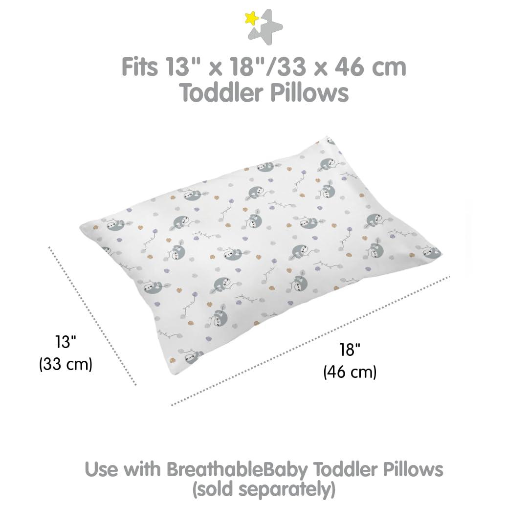 BreathableBaby Cotton Percale Pillowcase, For 13" x 18"/33 x 46 cm Toddler Pillow, Sloths (2-Pack)