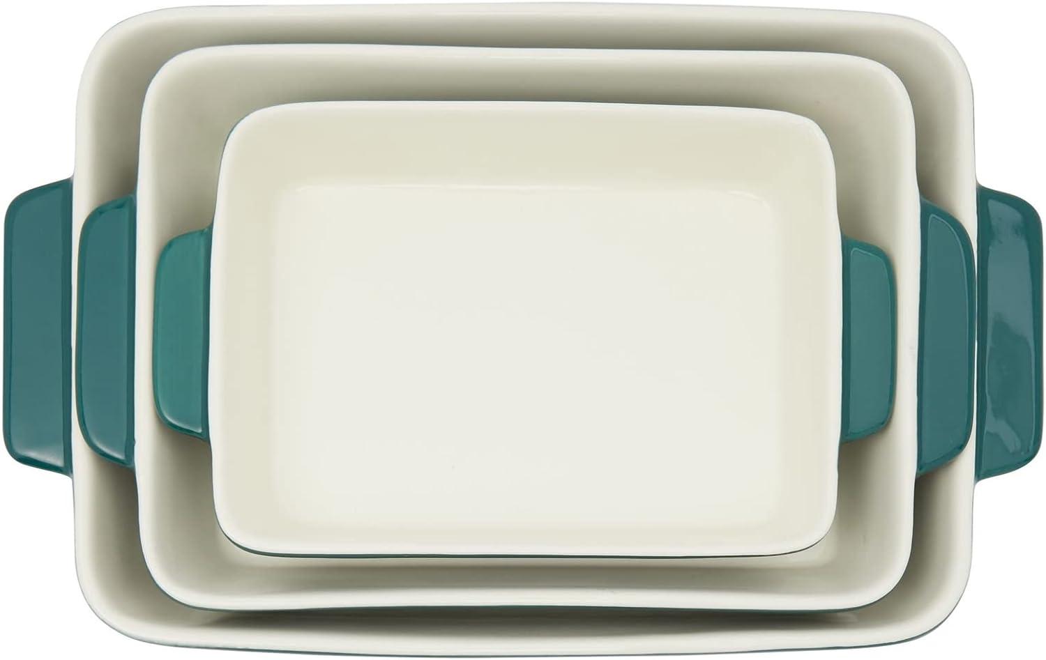 Juvale 3 Piece Green Casserole Dishes for Oven Use, Baking, Rectangular Ceramic Bakeware Set in Assorted Sizes