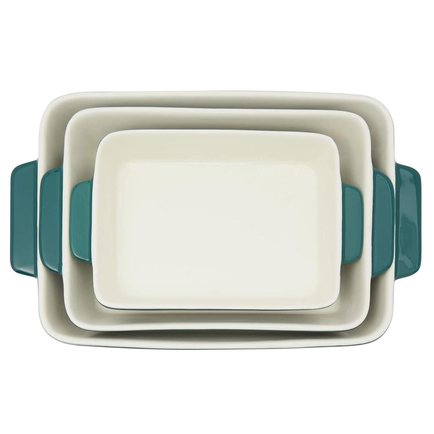 FETLOD 3 Piece Green Casserole Dishes For Oven Use, Baking, Rectangular Ceramic Bakeware Set In Assorted Sizes