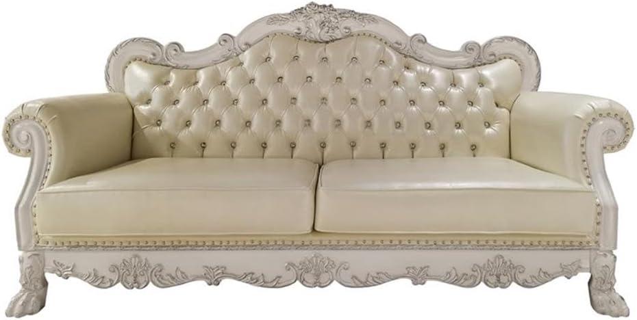 85.5" Dresden Sofa Leather Aire & Bone White Finish - Acme Furniture: Nailhead Trim, Includes 1 Pillow