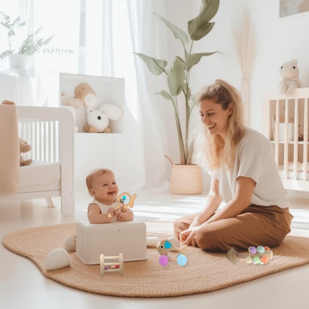Montessori Mama Wooden Toys for Babies 5-Piece Collection - Multi-Sensory Learning Rattle for Babies - Infant Wooden Toy Set Baby Weights Toys - Teether