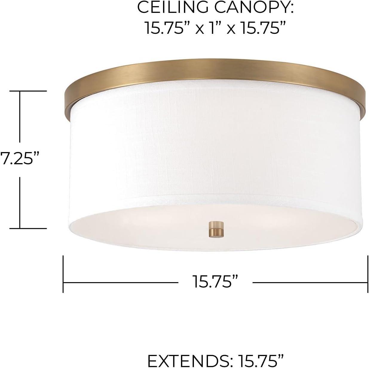 Aged Brass and White Fabric Drum Flush Mount Light