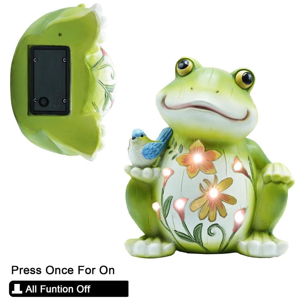 Green Resin Solar Frog Garden Statue with Bird
