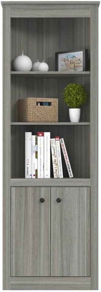 70.02" Corner Bookshelf Gray - Inval: Modern Smoke Oak, 3 Shelves, Double Door Storage