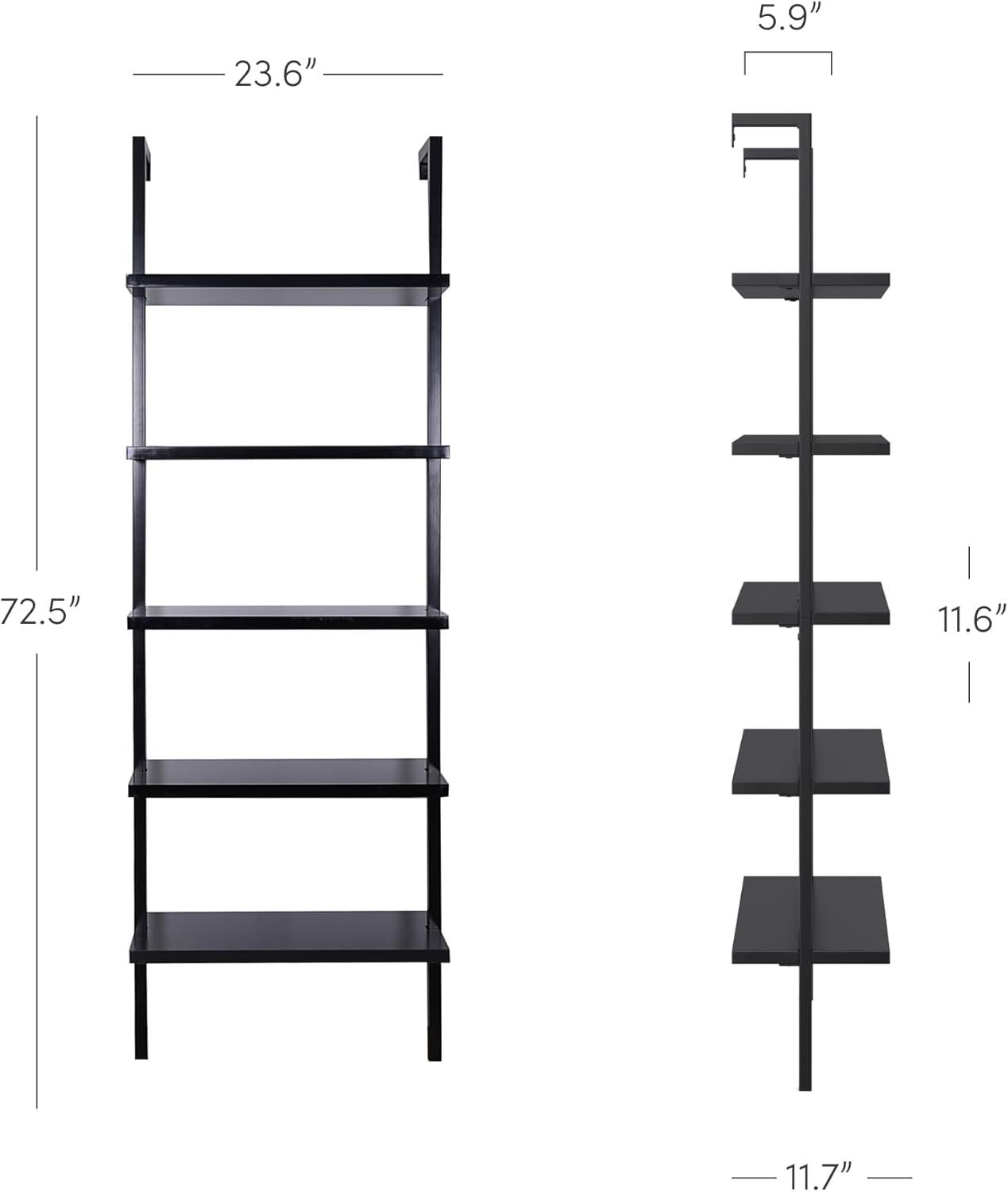 Matte Black Wood 73" Industrial Ladder Bookcase