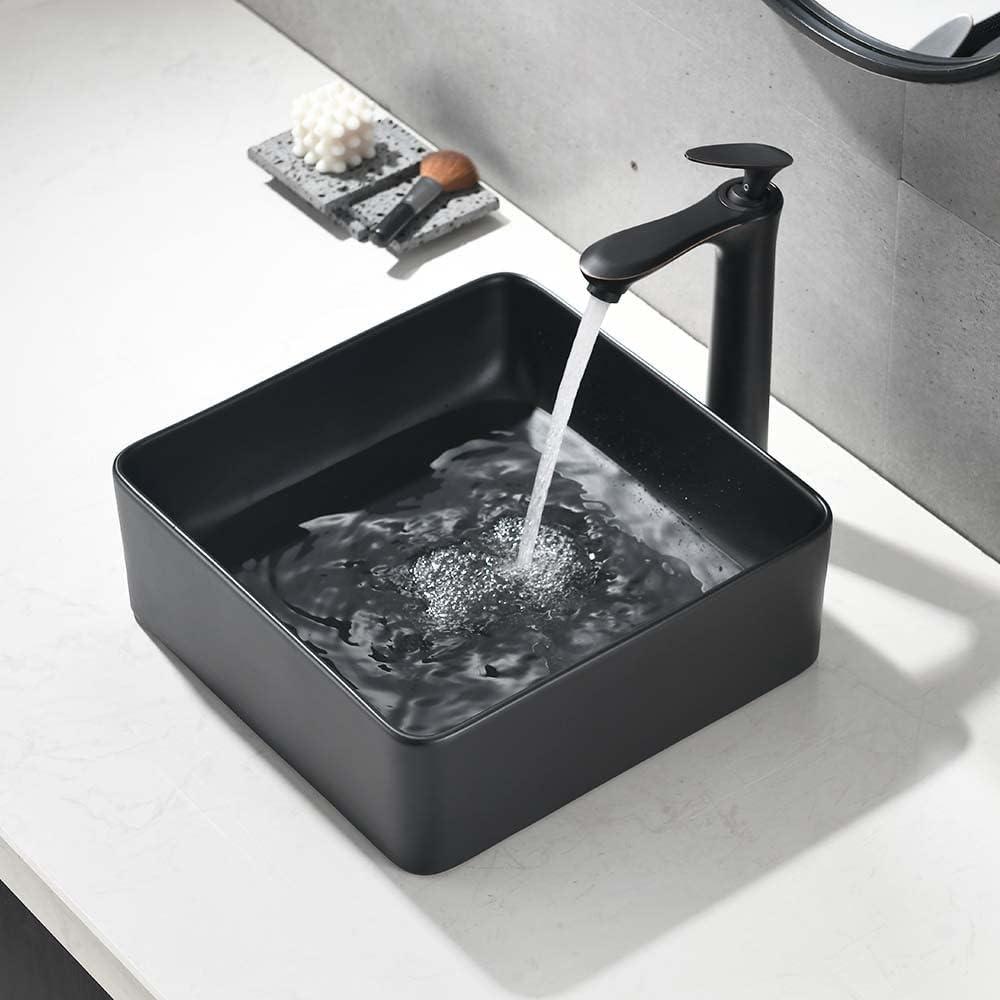 Matte Black Square Ceramic Above-Counter Vessel Sink with Pop-Up Drain