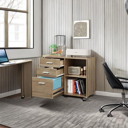 GALAXHERO 3-Drawer Wood Mobile File Cabinet, Lateral Filing Cabinet with Printer Stand and Open Shelves for Home Office, Gray Oak
