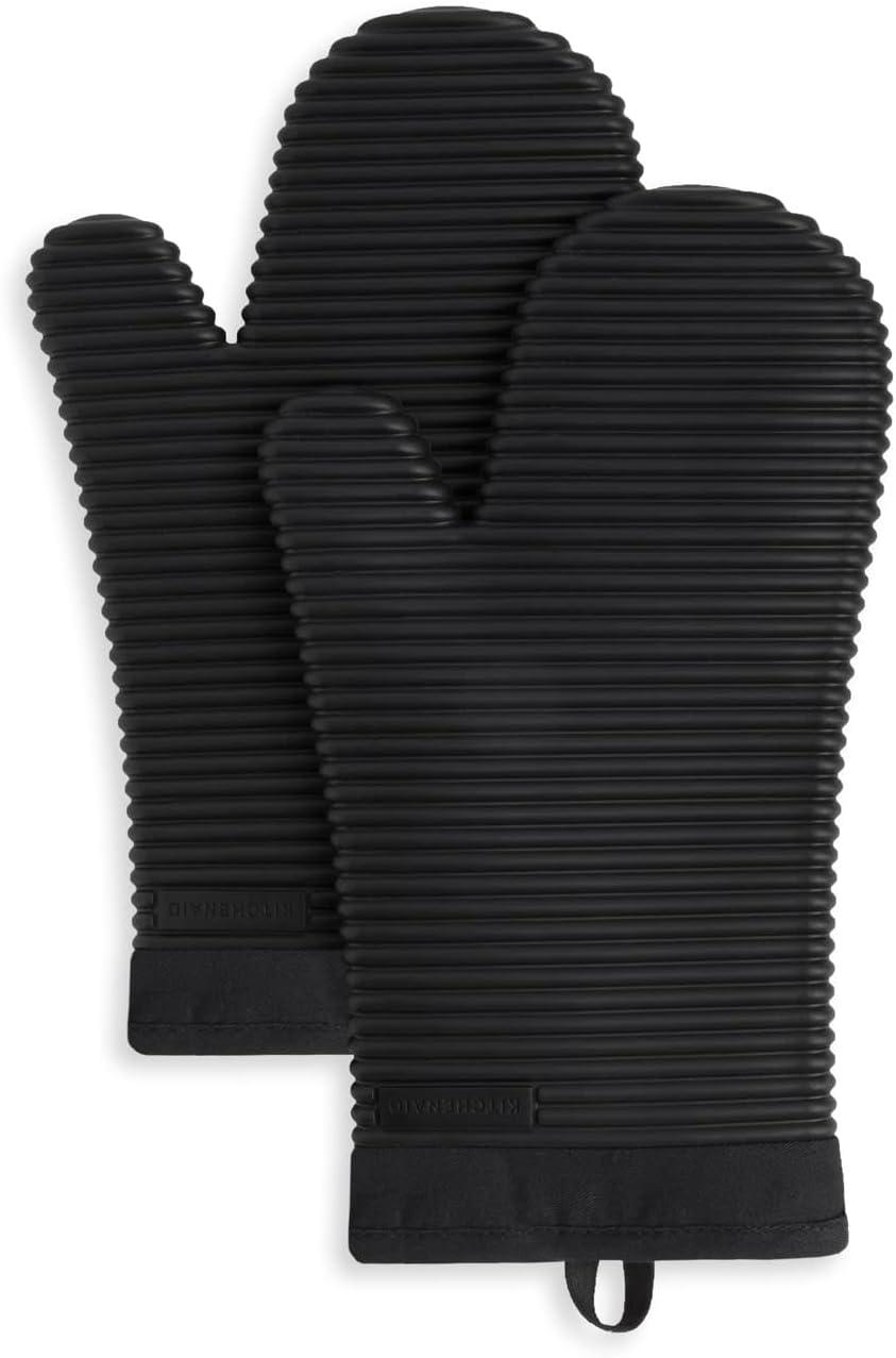 Onyx Black Ribbed Silicone 2-Piece Oven Mitt Set