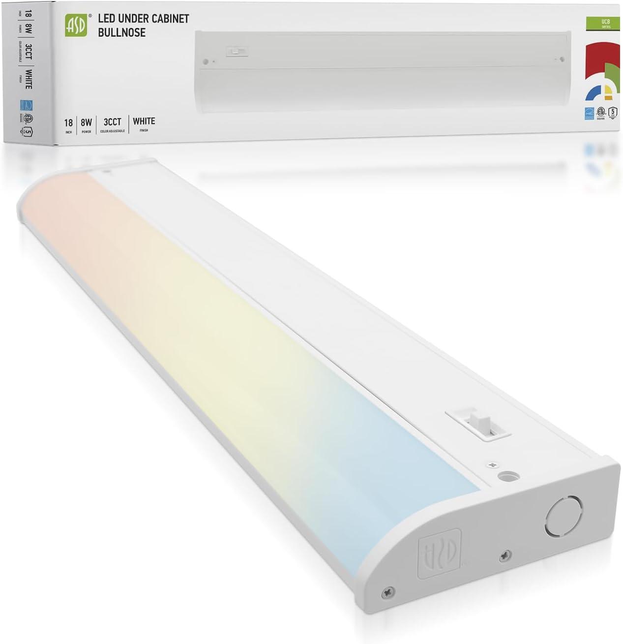 ASD LED Under Cabinet Lighting, 18 inch 8W 715 LM, Dimmable Hardwired Under Cabinet Lights for Kitchen, 3000K Soft/4000K Cool/5000K Daylight, Under Counter Light Fixtures, ETL Energy Star White Finish
