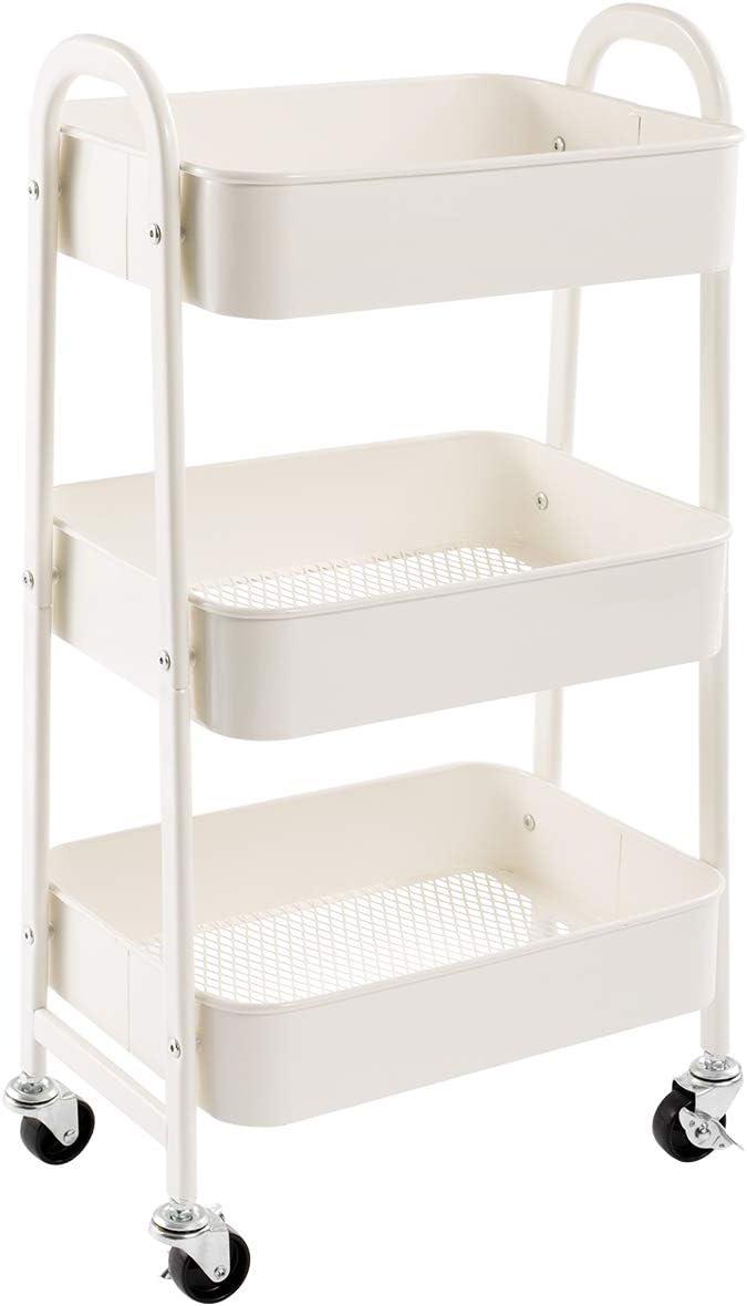 ZUNMOS 3 Tier Utility Rolling Cart, Metal Mobile Storage Cart with Lockable Caster Wheels, Storage Shelves Organizer Cart for Livingroom, Bathroom, Kitchen, & Narrow Places, White