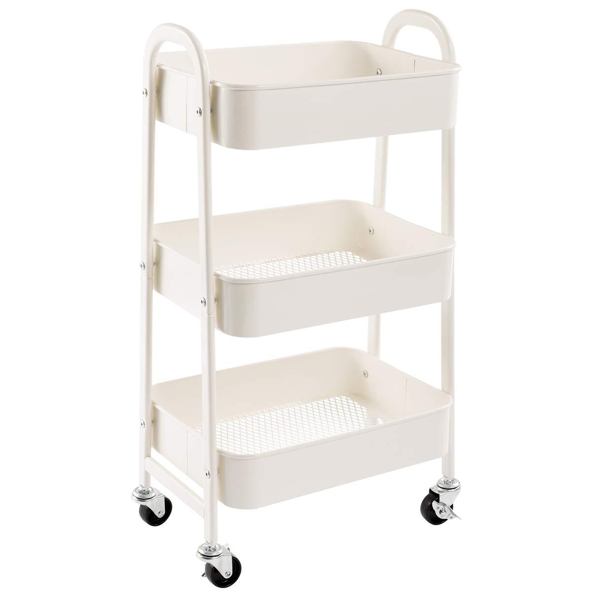 ZUNMOS 3 Tier Utility Rolling Cart, Metal Mobile Storage Cart with Lockable Caster Wheels, Storage Shelves Organizer Cart for Livingroom, Bathroom, Kitchen, & Narrow Places, White