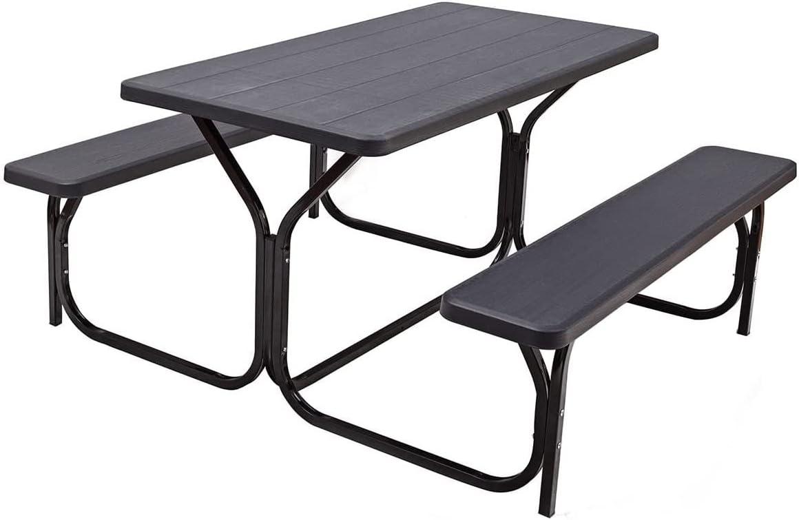 Costway Picnic Table Bench Set Outdoor Backyard Iron Patio Garden Party Dining All Weather Black