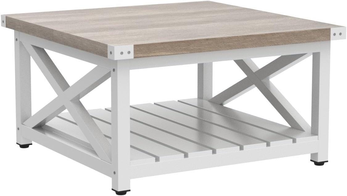 DEXTRUS Farmhouse Square Wood Coffee Table with Open Storage Shelf